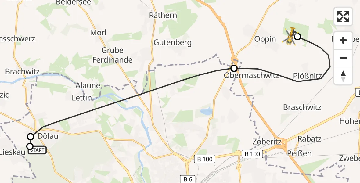 Flugroute Rettungshubschrauber Martha-Maria Halle-Dölau Hospital - Halle-Oppin Flugplatz, 14 Oktober 2026, 17:09