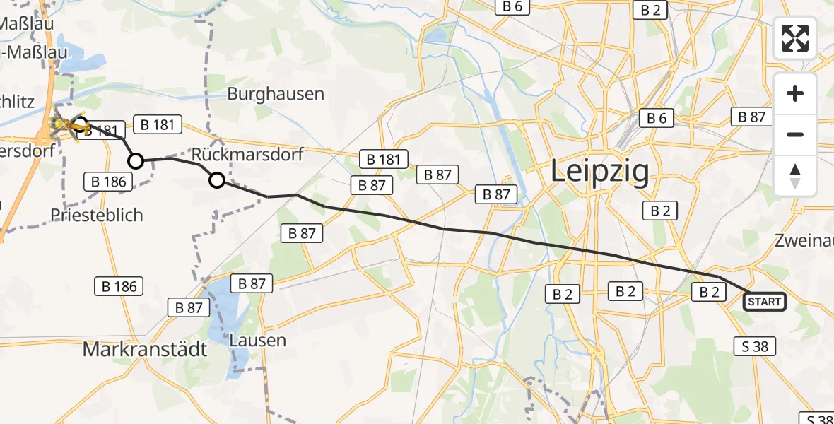 Flugroute Rettungshubschrauber Leipzig - ADAC Air Rescue Station Leipzig/Schkeuditz-Dölzig Hubschrauberlandeplatz (Christoph 61), 14 Oktober 2026, 17:24