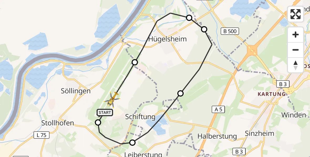 Flugroute Rettungshubschrauber Karlsruhe Baden-Baden Flughafen - Karlsruhe Baden-Baden Flughafen, 14 Oktober 2026, 18:18