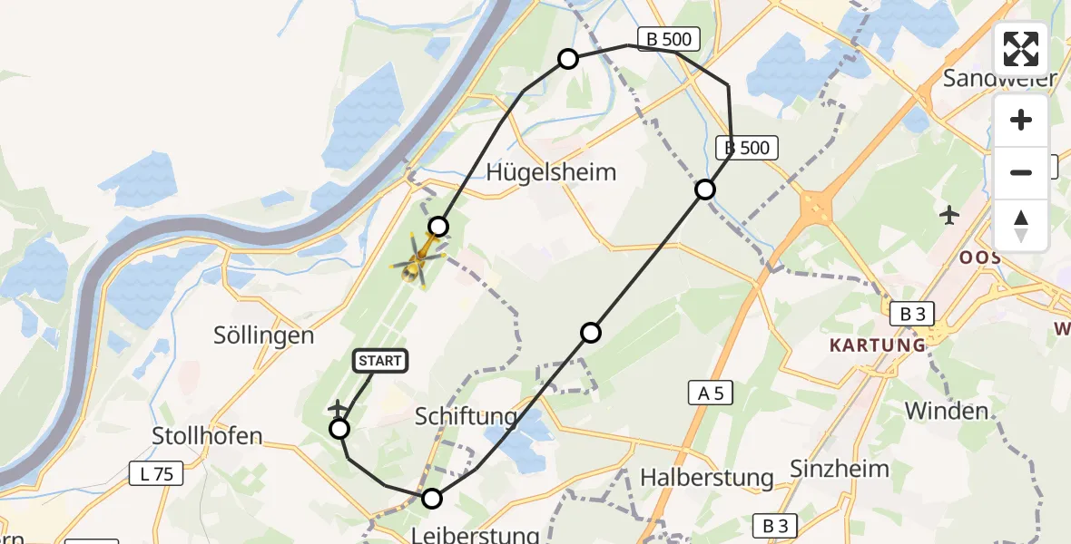 Flugroute Rettungshubschrauber Karlsruhe Baden-Baden Flughafen - Karlsruhe Baden-Baden Flughafen, 14 Oktober 2026, 18:23