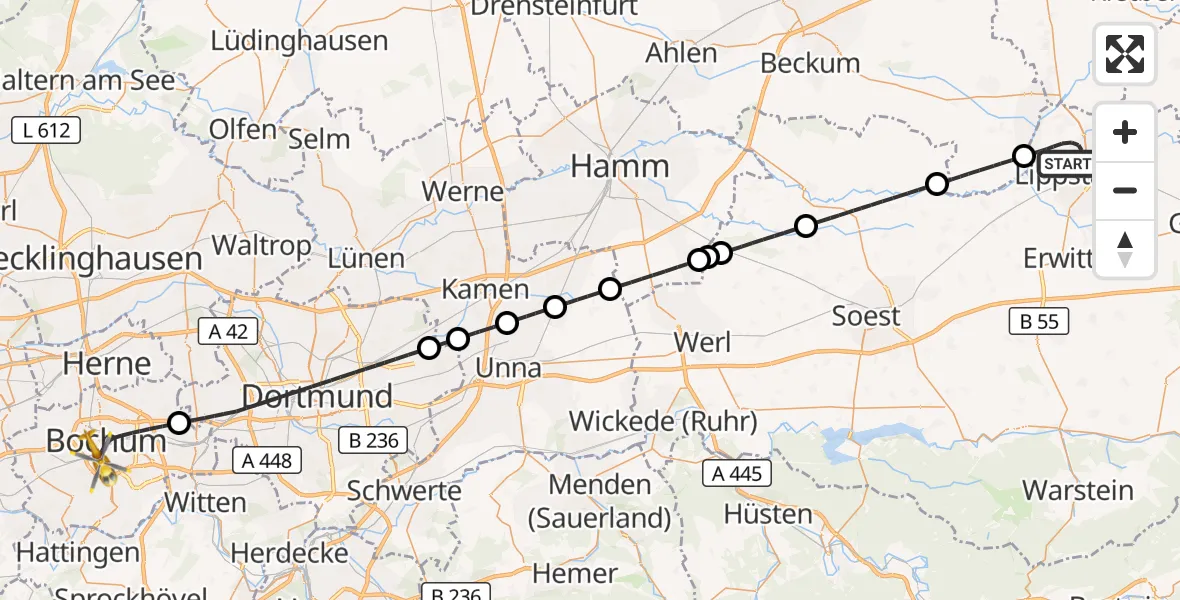 Flugroute Ambulanzhubschrauber Lippstadt - Bochum, 14 Oktober 2026, 18:28