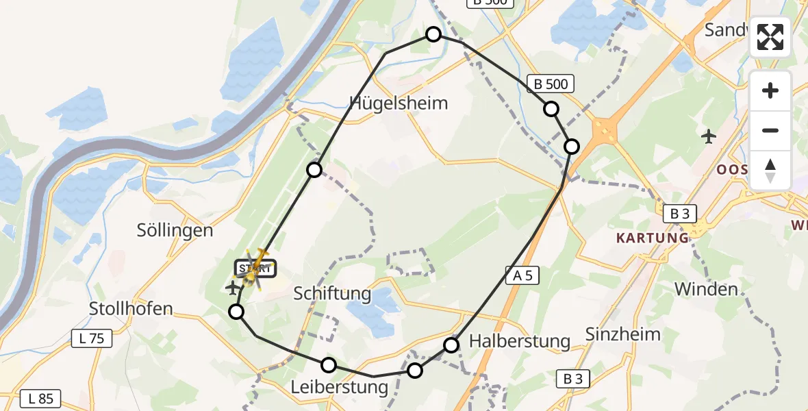 Flugroute Rettungshubschrauber Karlsruhe Baden-Baden Flughafen - Karlsruhe Baden-Baden Flughafen, 14 Oktober 2026, 18:39
