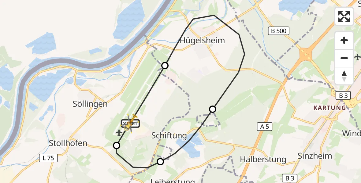 Flugroute Rettungshubschrauber Karlsruhe Baden-Baden Flughafen - Karlsruhe Baden-Baden Flughafen, 14 Oktober 2026, 18:48