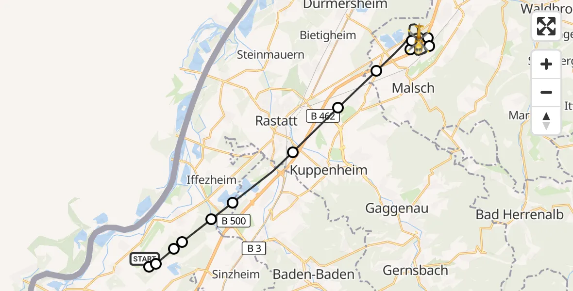 Flugroute Rettungshubschrauber Karlsruhe Baden-Baden Flughafen - Malsch, 14 Oktober 2026, 19:02