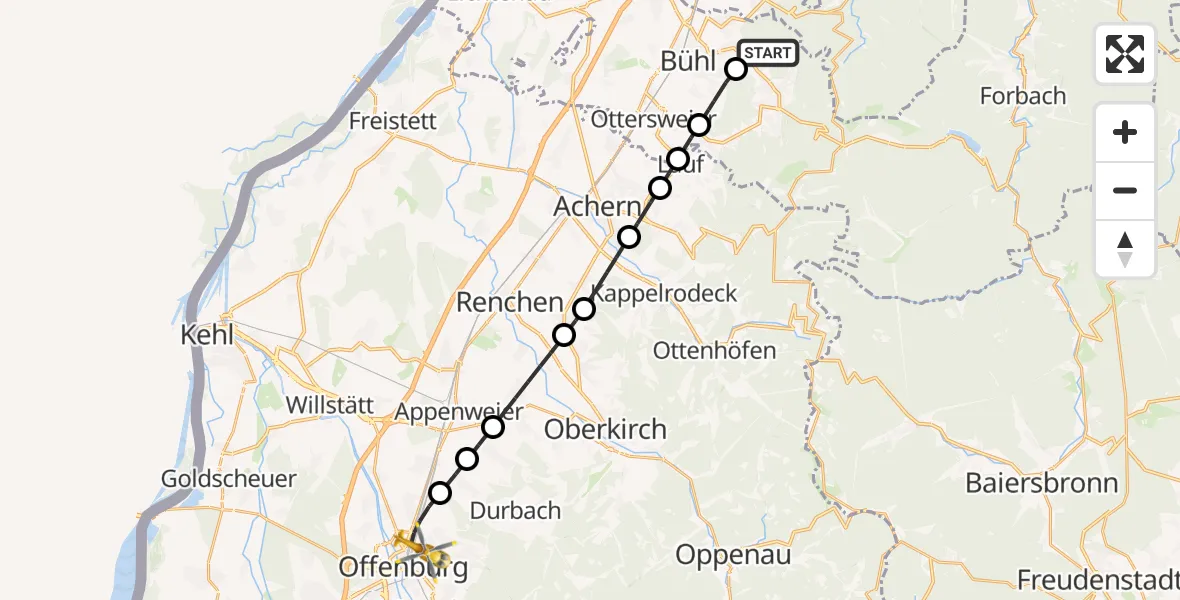 Flugroute Ambulanzhubschrauber Bühlertal - Offenburg, 14 Oktober 2026, 19:25