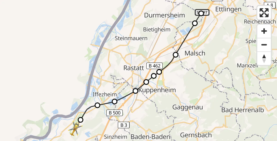 Flugroute Rettungshubschrauber Rheinstetten - Karlsruhe Baden-Baden Flughafen, 14 Oktober 2026, 19:32