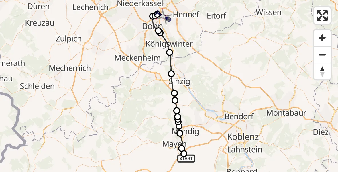 Flugroute Polizeihubschrauber Mertloch - Bonn-Hangelar Flugplatz, 14 Oktober 2026, 19:39
