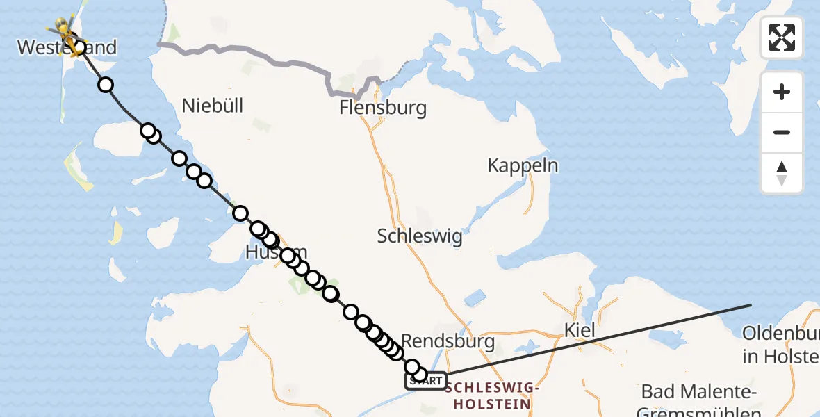 Flugroute Ambulanzhubschrauber Hörsten - Sylt, 14 Oktober 2026, 19:49