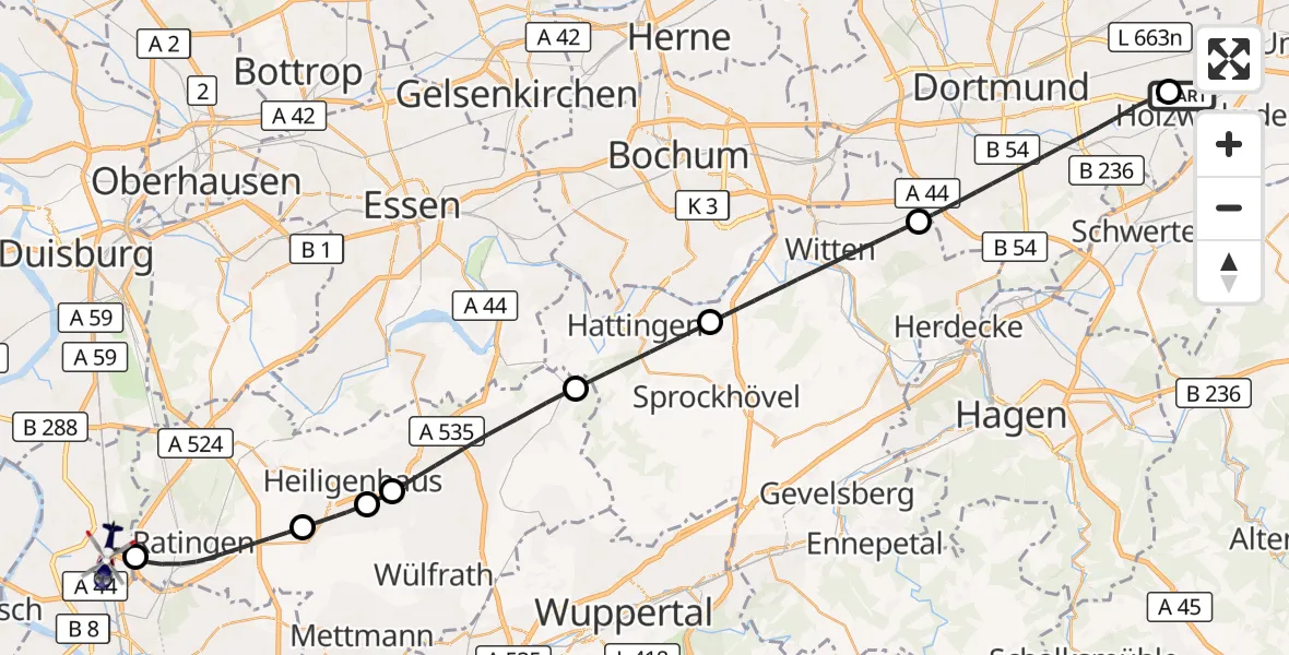 Flugroute Polizeihubschrauber Dortmund Flughafen - Düsseldorf Flughafen, 14 Oktober 2026, 19:50