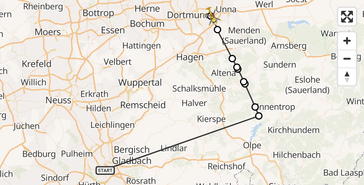 Flugroute Rettungshubschrauber Köln - Dortmund Flughafen, 14 Oktober 2026, 19:54
