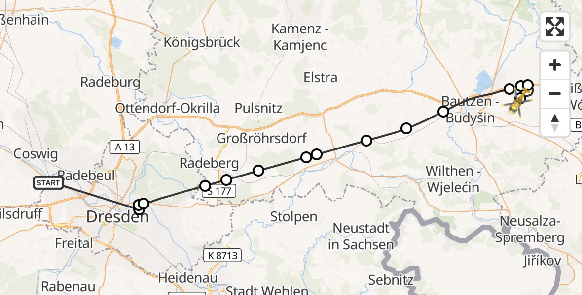 Flugroute Rettungshubschrauber Dresden - Bautzen Flugplatz, 14 Oktober 2026, 20:00