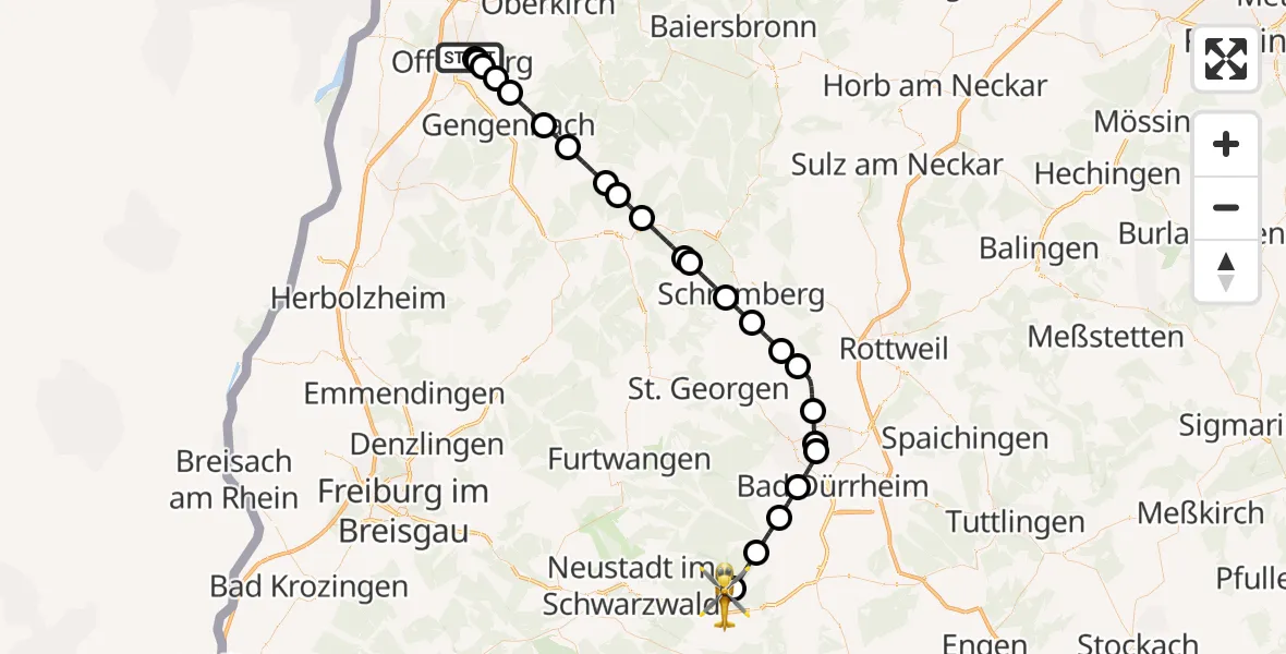 Flugroute Ambulanzhubschrauber Offenburg - Löffingen, 14 Oktober 2026, 20:15