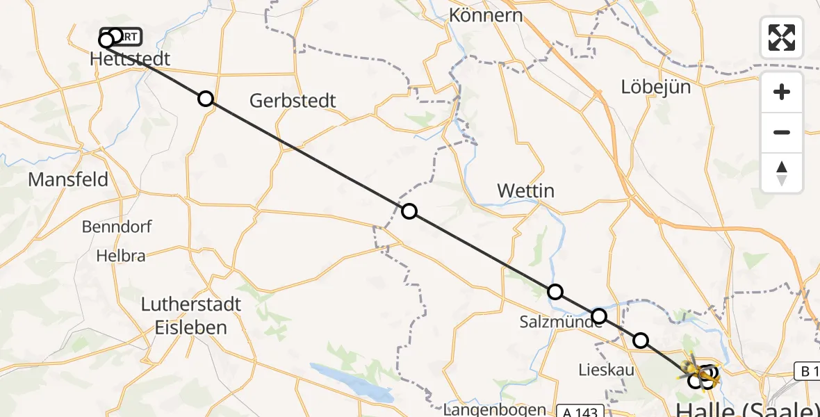 Flugroute Rettungshubschrauber Helios Hospital Hettstedt - Halle (Saale) University Hospital, 14 Oktober 2026, 20:30