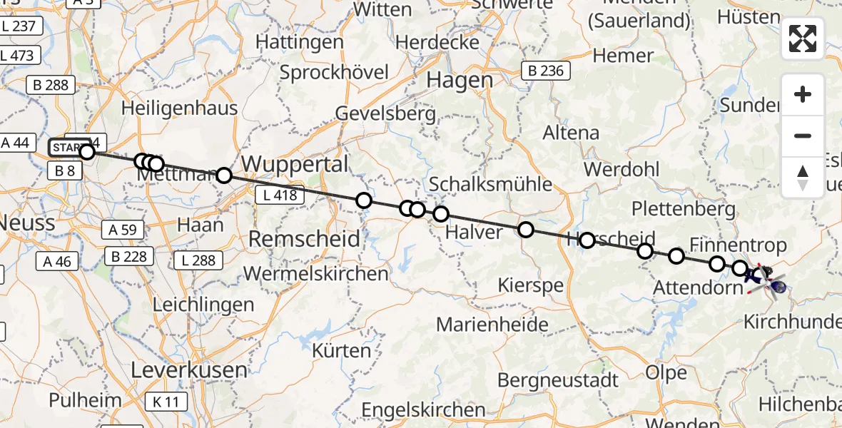 Flugroute Polizeihubschrauber Düsseldorf Flughafen - Lennestadt, 14 Oktober 2026, 20:38