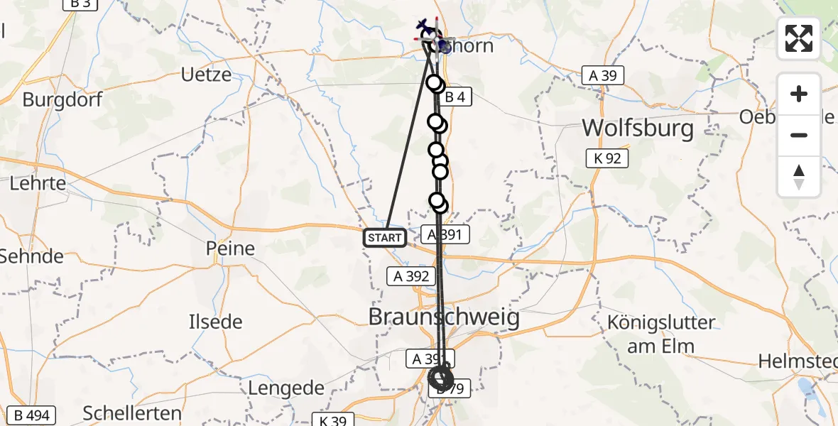 Flugroute Polizeihubschrauber Schwülper - Gifhorn Bundespolizei Hubschrauberlandeplatz, 14 Oktober 2026, 20:47