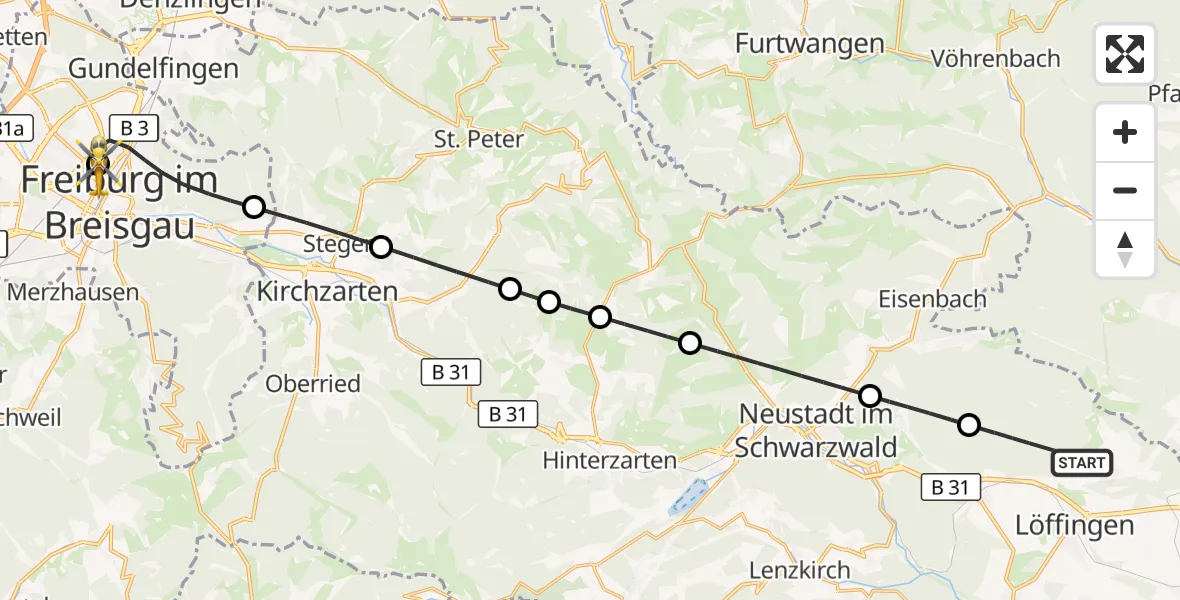 Flugroute Ambulanzhubschrauber Löffingen - Freiburg University Hospital Heliport 1, 14 Oktober 2026, 21:06