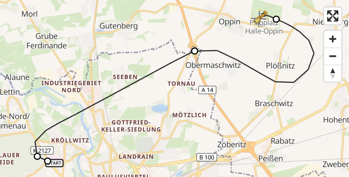 Flugroute Rettungshubschrauber Halle (Saale) University Hospital - Halle-Oppin Flugplatz, 14 Oktober 2026, 21:19