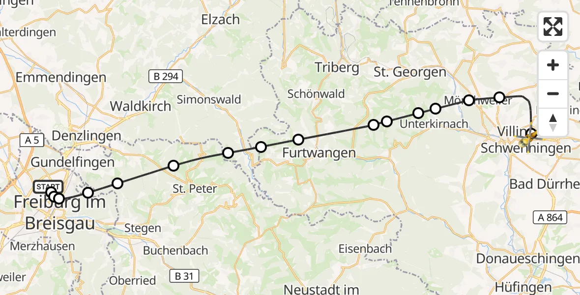 Flugroute Ambulanzhubschrauber Freiburg im Breisgau Flugplatz - DRF Air Rescue Station Villingen-Schwenningen Hubschrauberlandeplatz (Christoph 11), 14 Oktober 2026, 21:59
