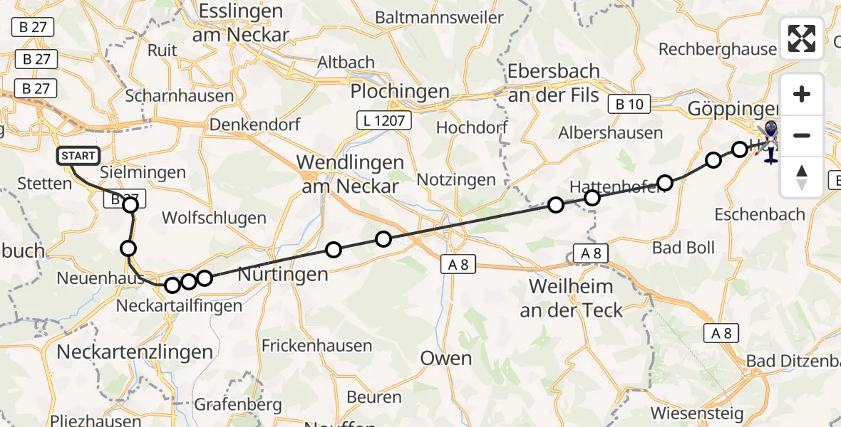 Flugroute Polizeihubschrauber Flughafen Stuttgart - Göppingen, 15 Oktober 2026, 04:44