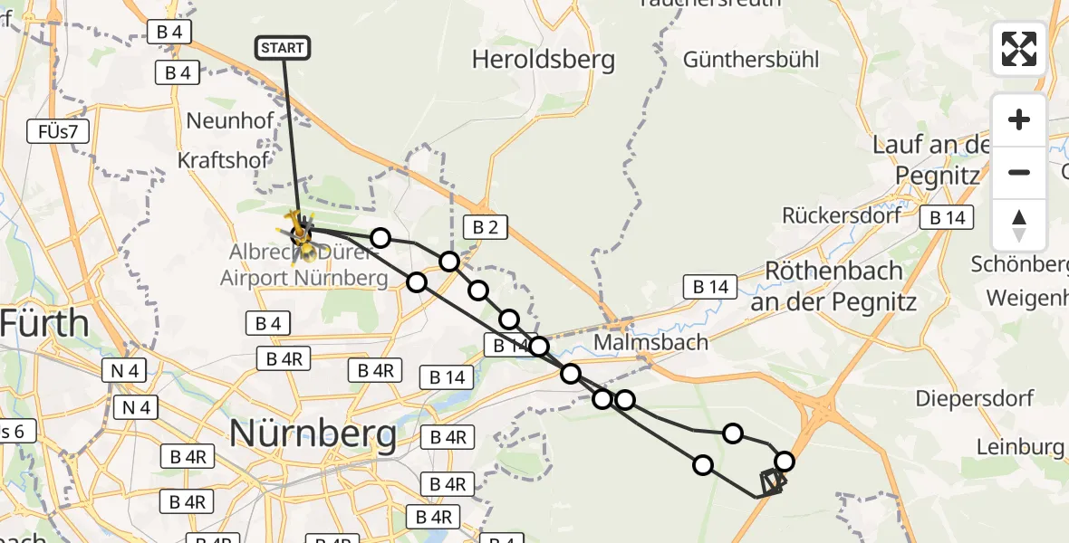 Flugroute Rettungshubschrauber Neunhofer Forst - Flughafen Nuremberg, 15 Oktober 2026, 05:02
