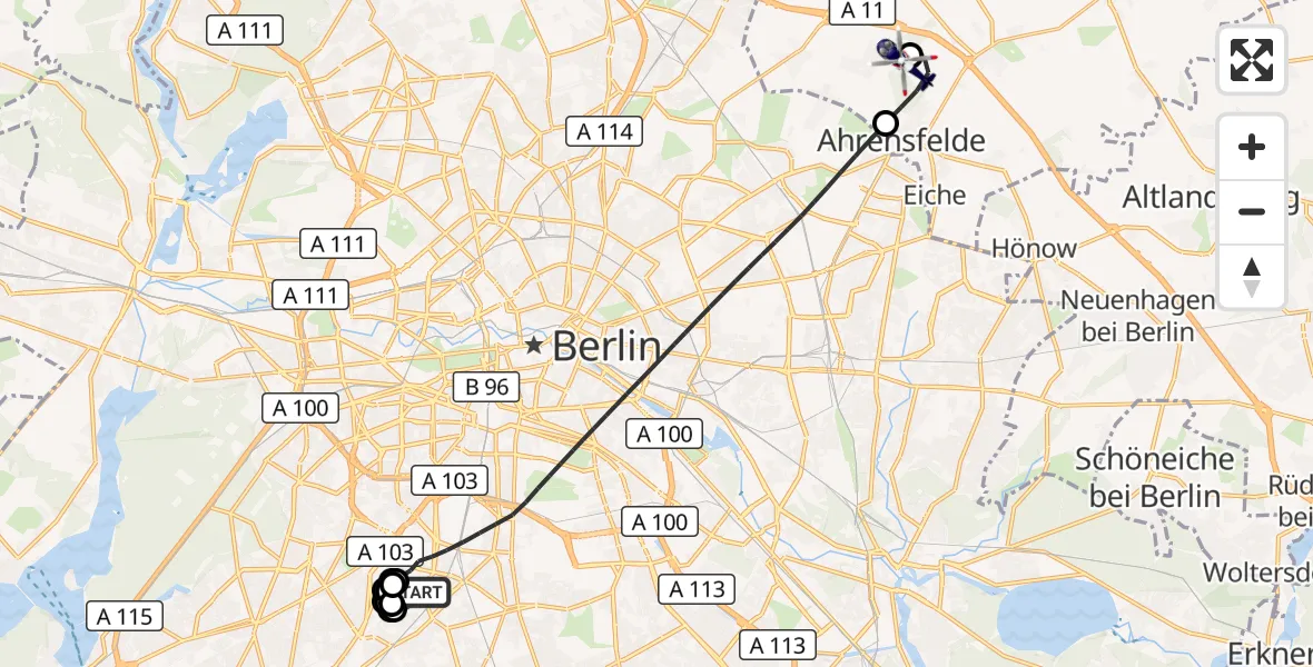 Flugroute Polizeihubschrauber Berlin - Ahrensfelde Hubschrauberlandeplatz, 15 Oktober 2026, 05:07