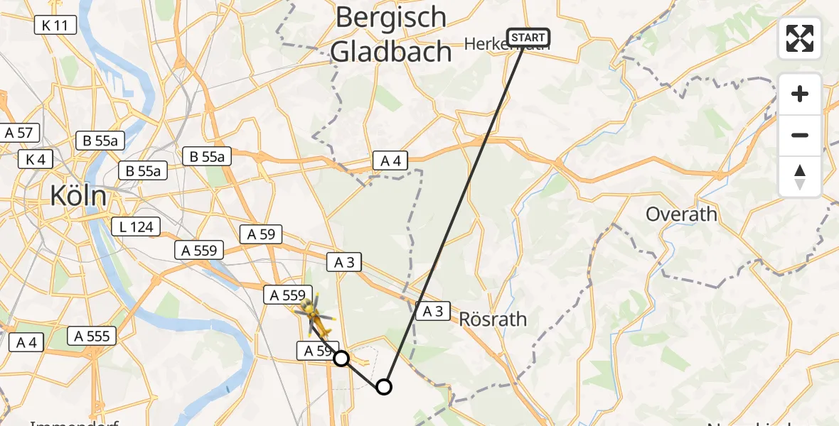 Flugroute Ambulanzhubschrauber Bergisch Gladbach - Köln, 15 Oktober 2026, 05:39