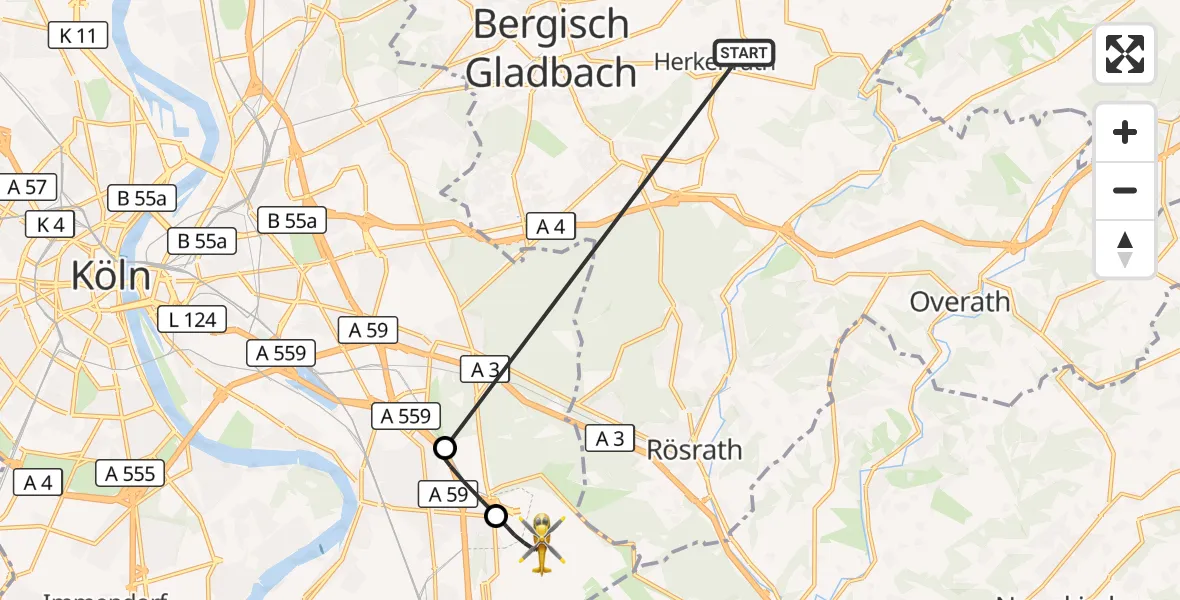 Flugroute Ambulanzhubschrauber Bergisch Gladbach - Köln Bonn Flughafen, 15 Oktober 2026, 06:12