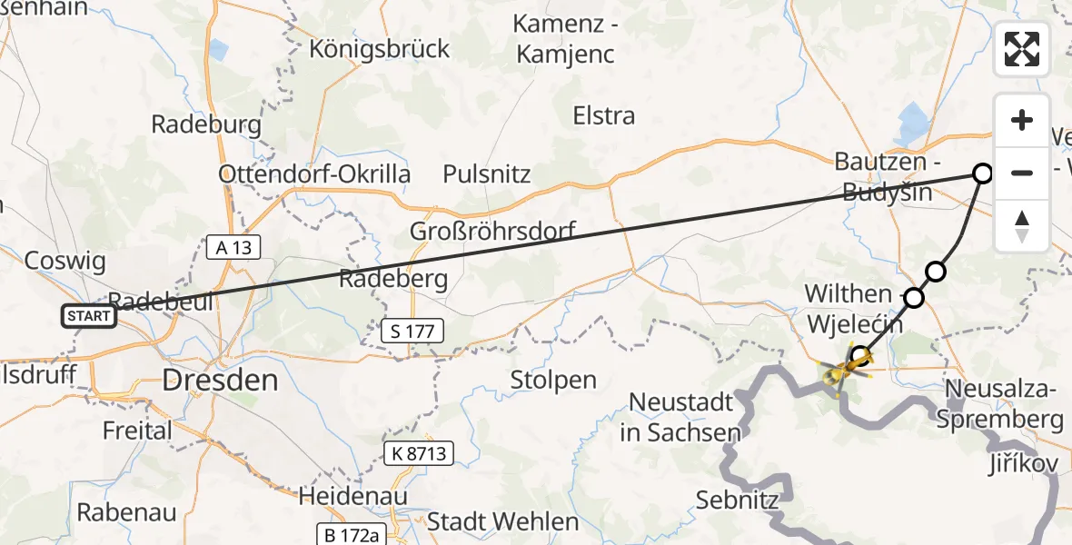 Flugroute Rettungshubschrauber Dresden - Sohland a.d.Spree, 15 Oktober 2026, 06:20
