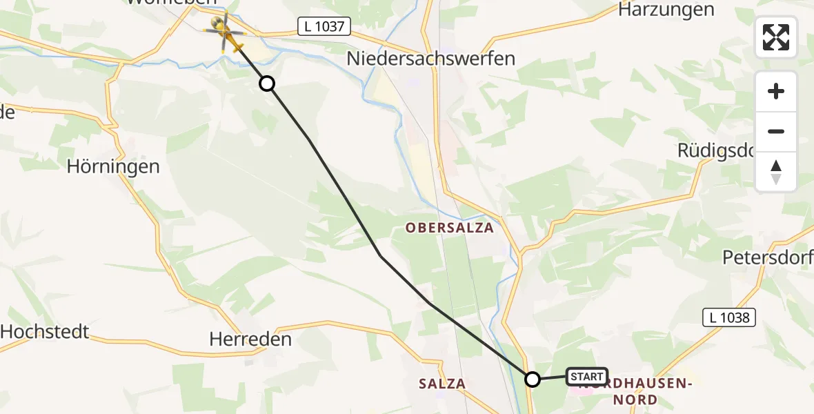 Flugroute Rettungshubschrauber Südharz Hospital Nordhausen - Ellrich, 15 Oktober 2026, 06:25