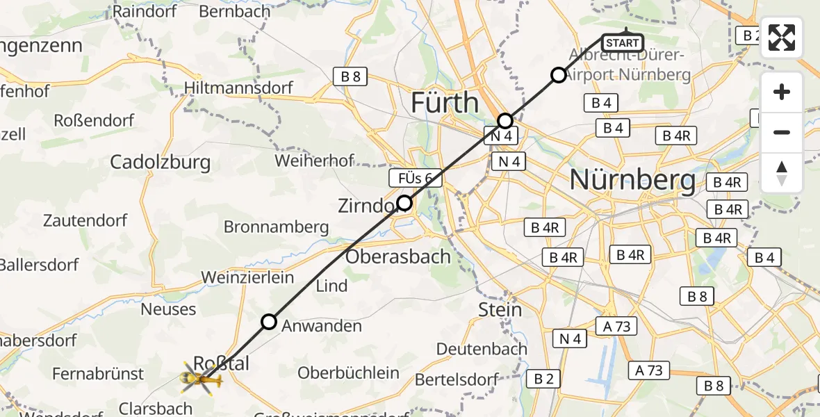Flugroute Ambulanzhubschrauber Flughafen Nuremberg - Roßtal, 15 Oktober 2026, 06:51