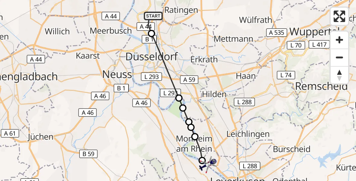 Flugroute Polizeihubschrauber Düsseldorf Flughafen - Leverkusen, 15 Oktober 2026, 07:05
