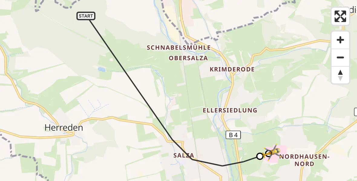 Flugroute Rettungshubschrauber Nordhausen - Südharz Hospital Nordhausen, 15 Oktober 2026, 07:09