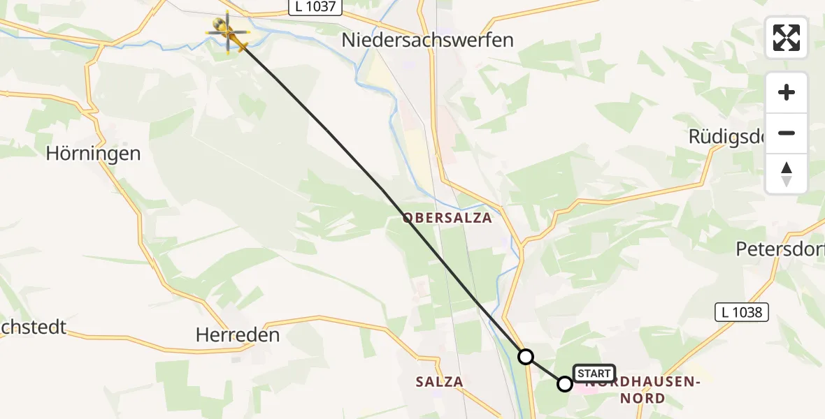 Flugroute Rettungshubschrauber Südharz Hospital Nordhausen - Ellrich, 15 Oktober 2026, 07:18