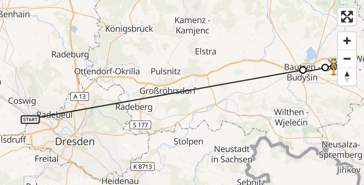 Flugroute Rettungshubschrauber Dresden - Bautzen Flugplatz, 15 Oktober 2026, 07:23
