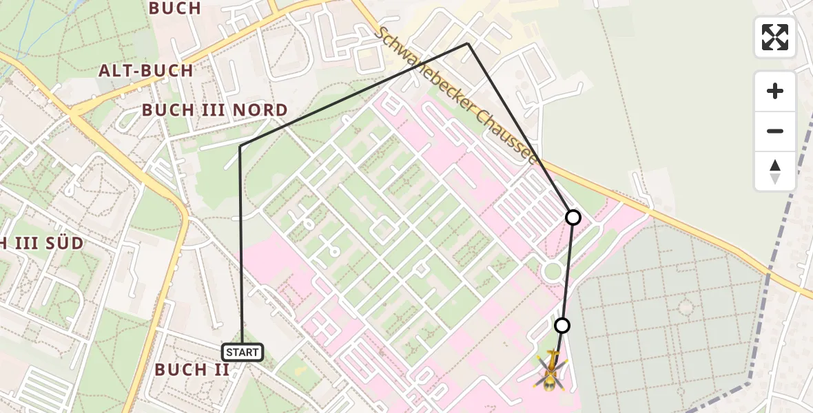 Flugroute Rettungshubschrauber Berlin - Helios Clinic Berlin-Buch, 15 Oktober 2026, 07:25