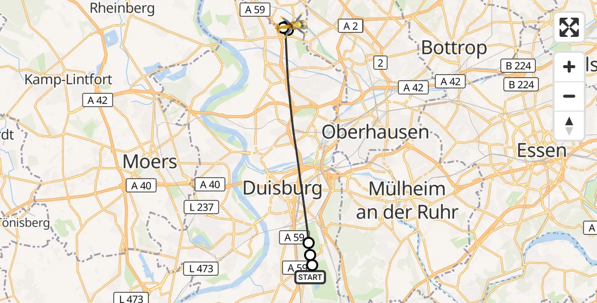 Flugroute Rettungshubschrauber Duisburg Air Rescue Hubschrauberlandeplatz (Christoph 9) - Dinslaken, 15 Oktober 2026, 07:30