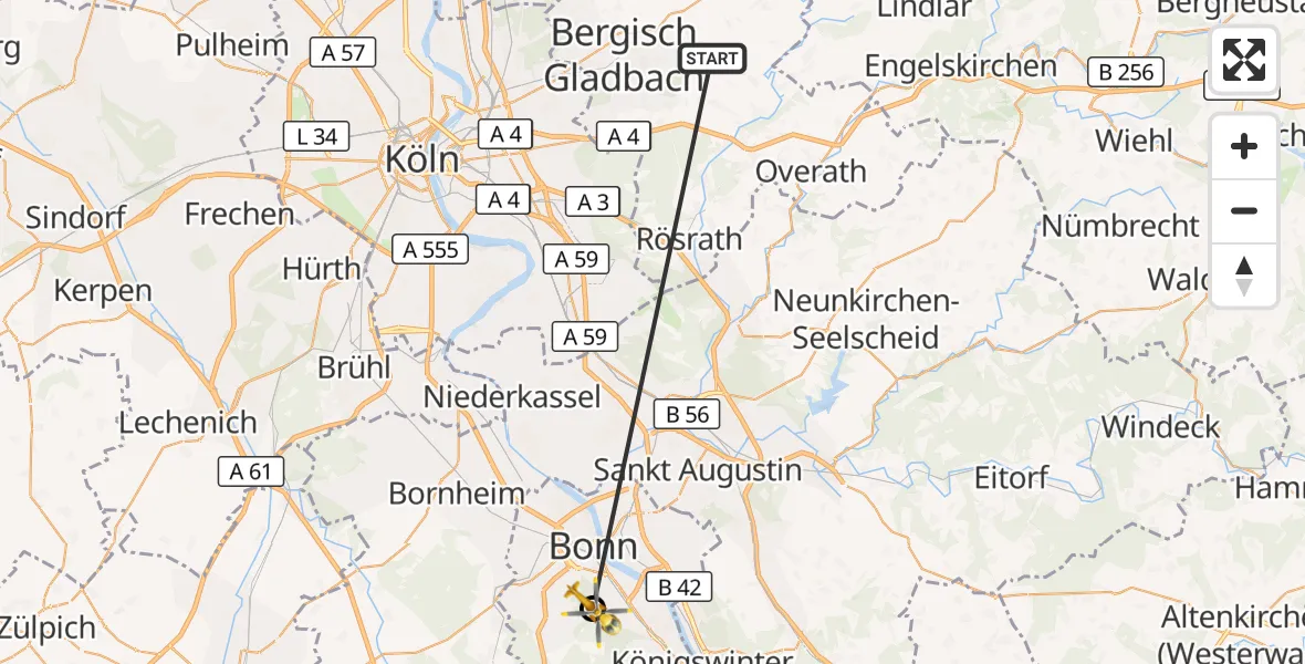 Flugroute Ambulanzhubschrauber Bergisch Gladbach - Bonn University Hospital, 15 Oktober 2026, 07:36