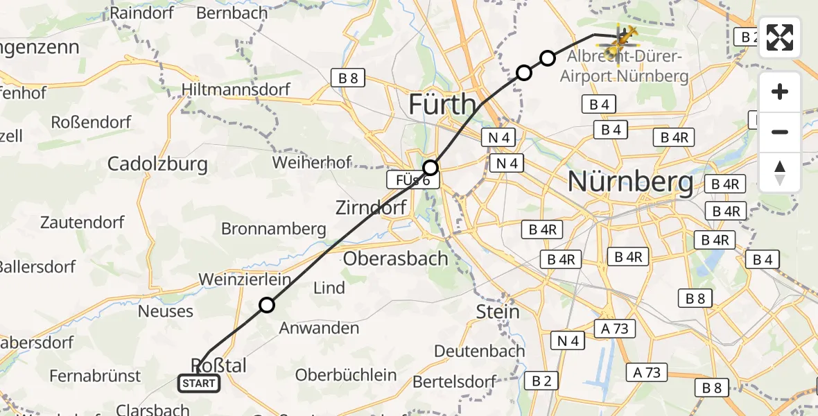 Flugroute Ambulanzhubschrauber Roßtal - Flughafen Nuremberg, 15 Oktober 2026, 07:41