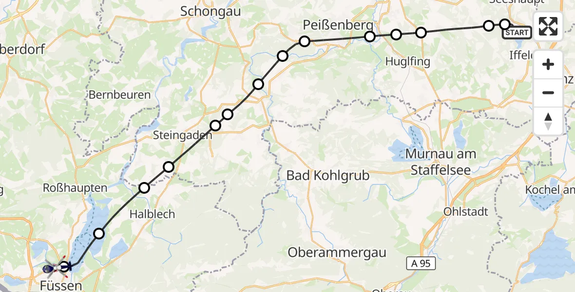 Flugroute Polizeihubschrauber Iffeldorf - Füssen Segelflugplatz, 15 Oktober 2026, 07:43