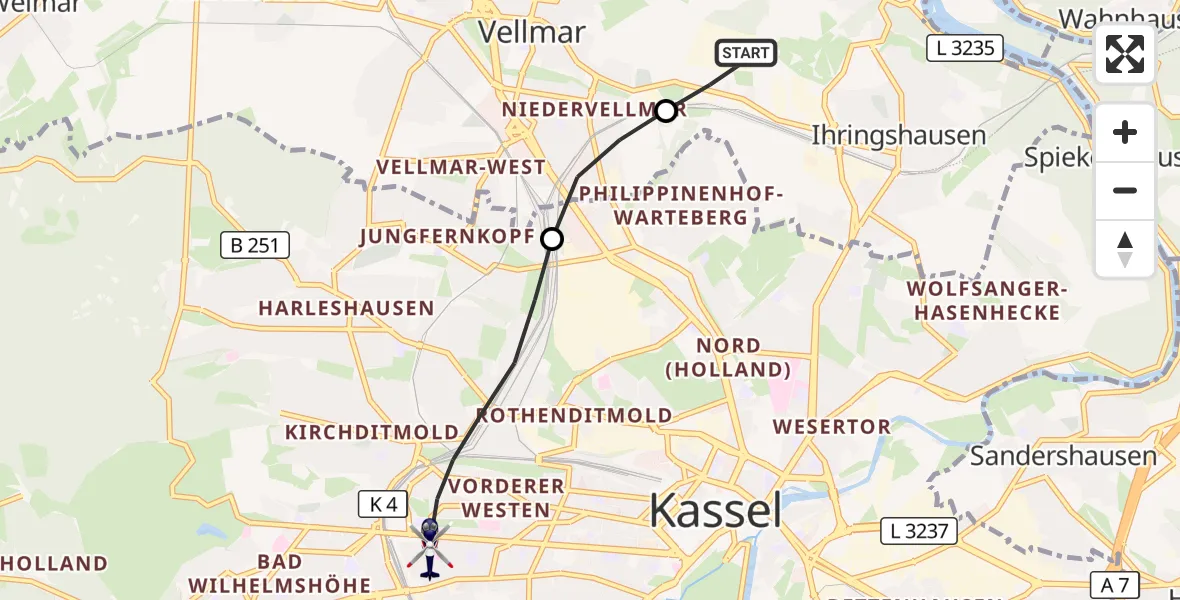 Flugroute Polizeihubschrauber Fuldatal Bundespolizei Hubschrauberlandeplatz - Kassel, 15 Oktober 2026, 07:45