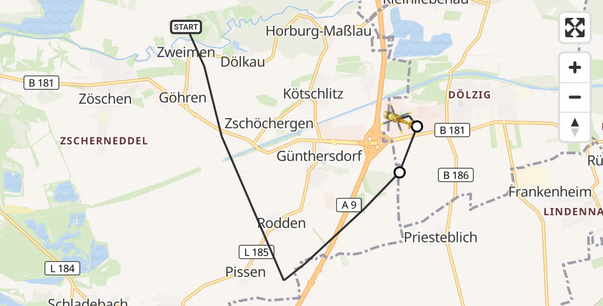 Flugroute Rettungshubschrauber Leuna - ADAC Air Rescue Station Leipzig/Schkeuditz-Dölzig Hubschrauberlandeplatz (Christoph 61), 15 Oktober 2026, 07:46
