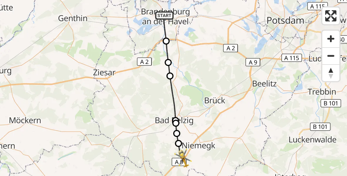 Flugroute Rettungshubschrauber Brandenburg an der Havel - Rabenstein/Fläming, 15 Oktober 2026, 07:50