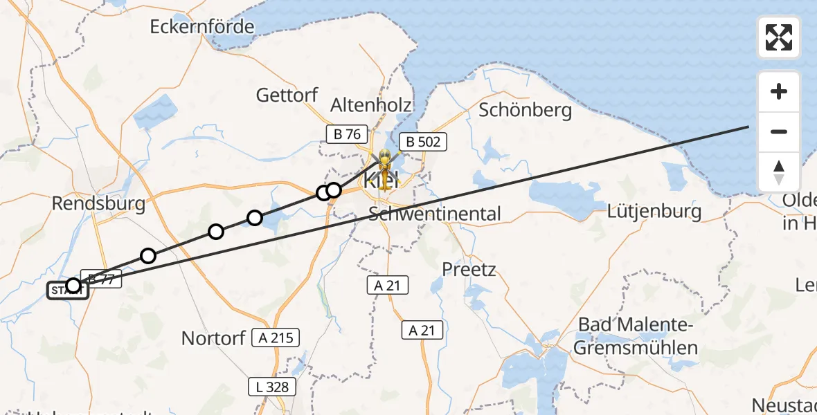 Flugroute Ambulanzhubschrauber Hörsten - Kiel, 15 Oktober 2026, 07:59
