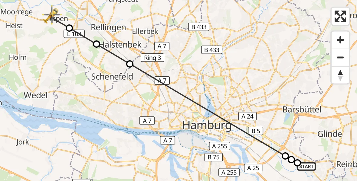 Flugroute Rettungshubschrauber Christoph Hansa ADAC Hubschrauberlandeplatz - Appen, 15 Oktober 2026, 08:00