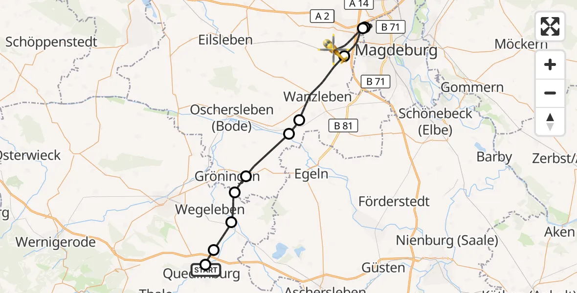 Flugroute Rettungshubschrauber Harz Hospital Quedlinburg - Hohe Börde, 15 Oktober 2026, 08:11