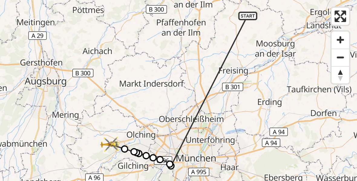 Flugroute Rettungshubschrauber Rudelzhausen - Fürstenfeldbruck, 15 Oktober 2026, 08:13