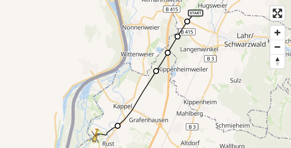 Flugroute Rettungshubschrauber Lahr Flughafen - Rust, 15 Oktober 2026, 08:22