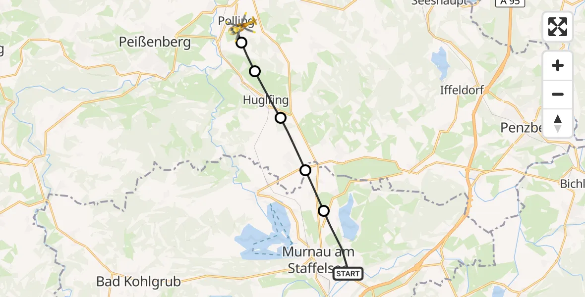 Flugroute Rettungshubschrauber Murnau a.Staffelsee - Polling, 15 Oktober 2026, 08:27