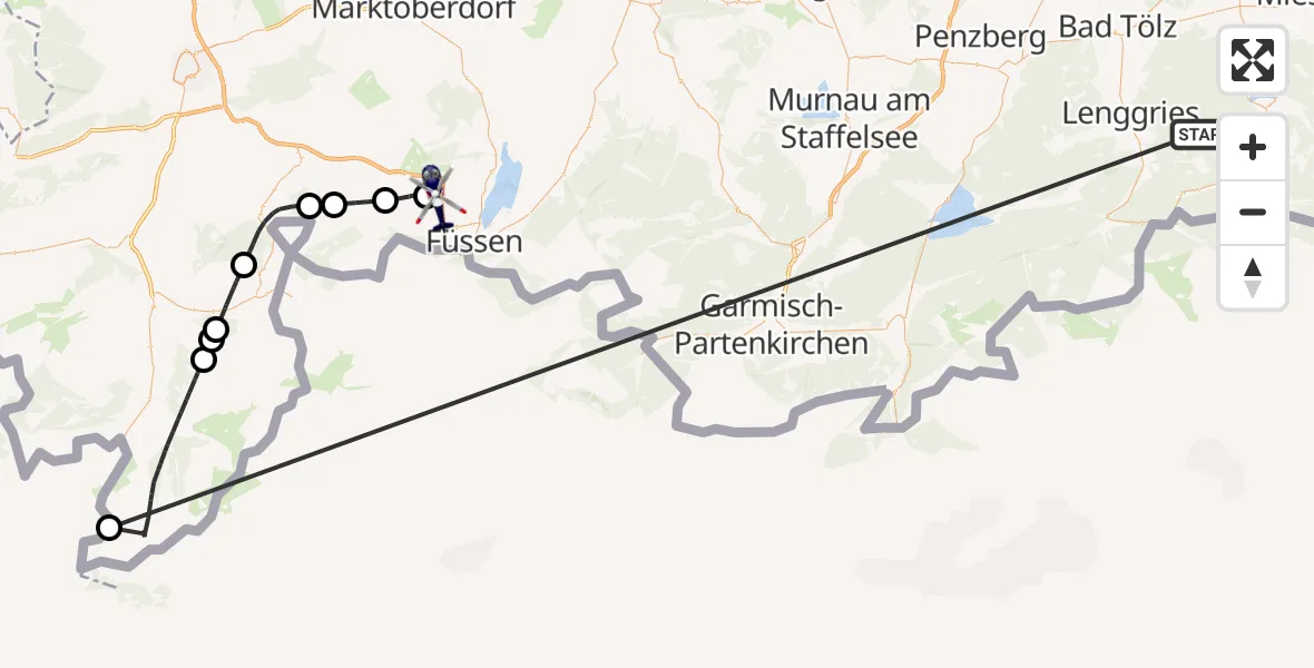Flugroute Polizeihubschrauber Kreuth - Hopferau, 15 Oktober 2026, 08:29