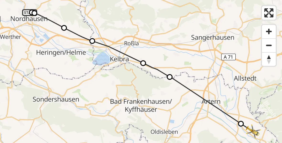 Flugroute Rettungshubschrauber Südharz Hospital Nordhausen - Roßleben-Wiehe, 15 Oktober 2026, 08:31